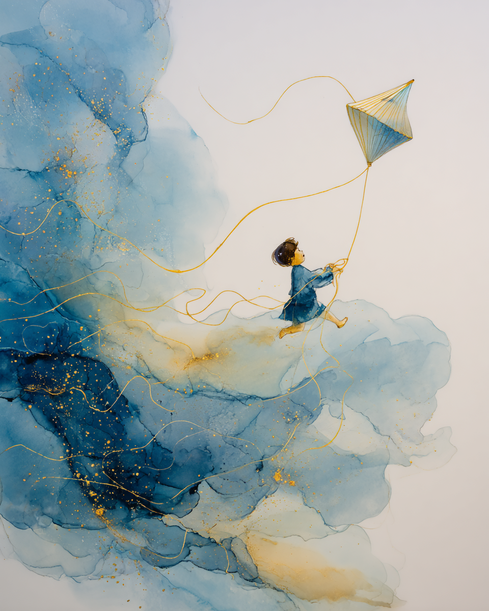Aquarelle d'un enfant faisant voler un cerf-volant doré, hypnose pour enfants et adolescents à Paris