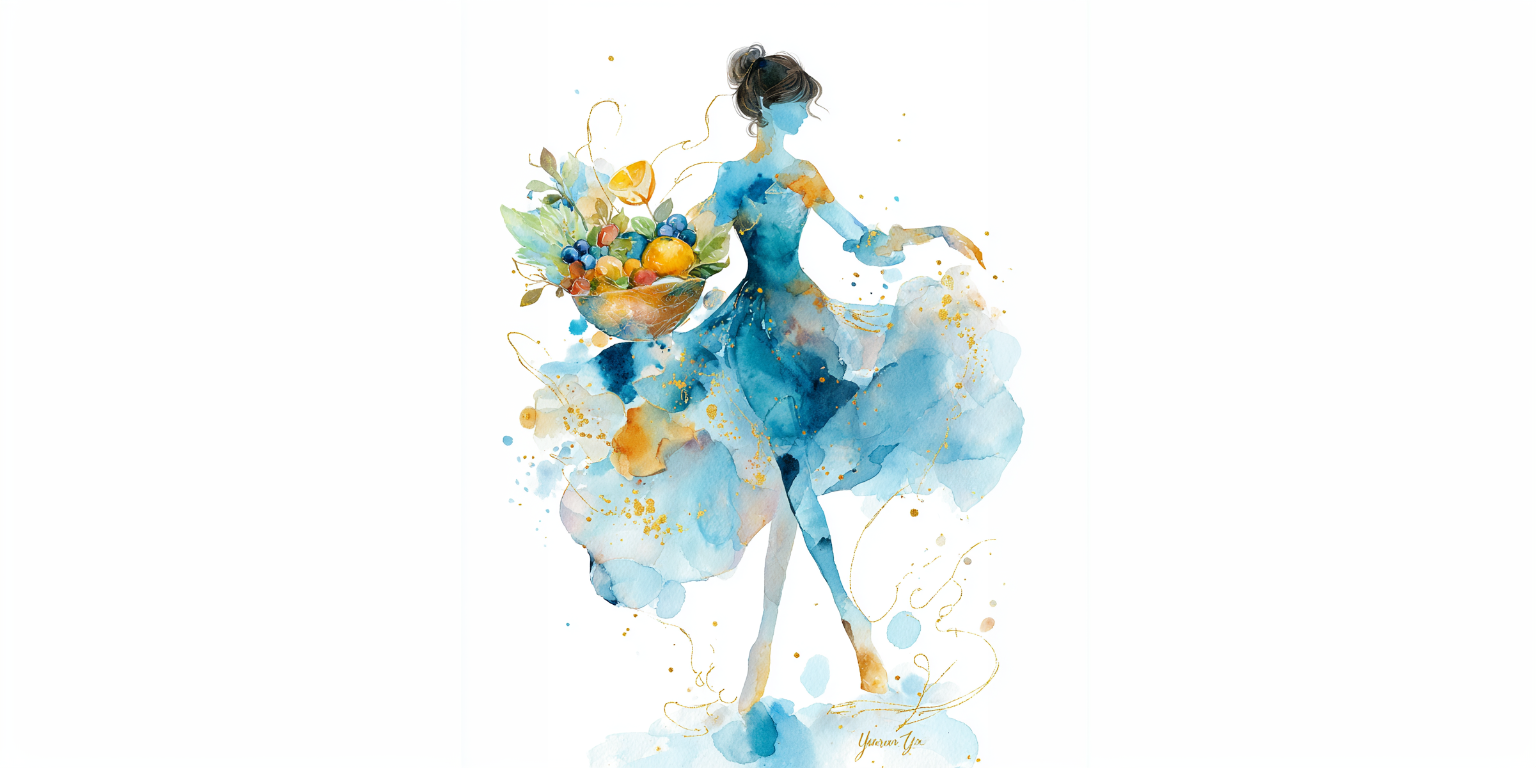 Aquarelle d'une femme légère portant une corbeille de fruits et légumes, hypnose pour l'équilibre alimentaire et maigrir à Paris